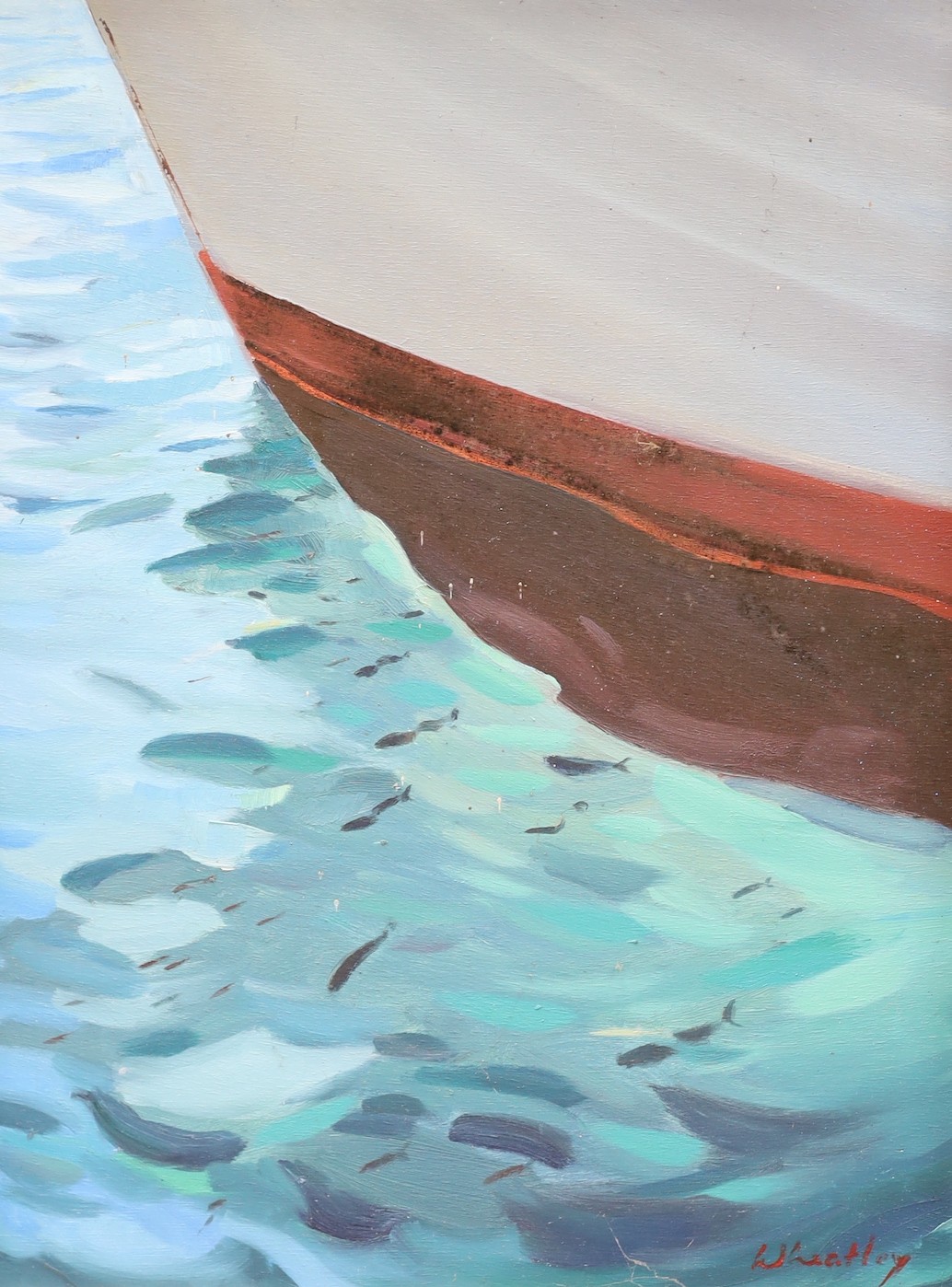 Wheatley, oil on board, Fish beneath the hull of a boat, signed, 38 x 29cm